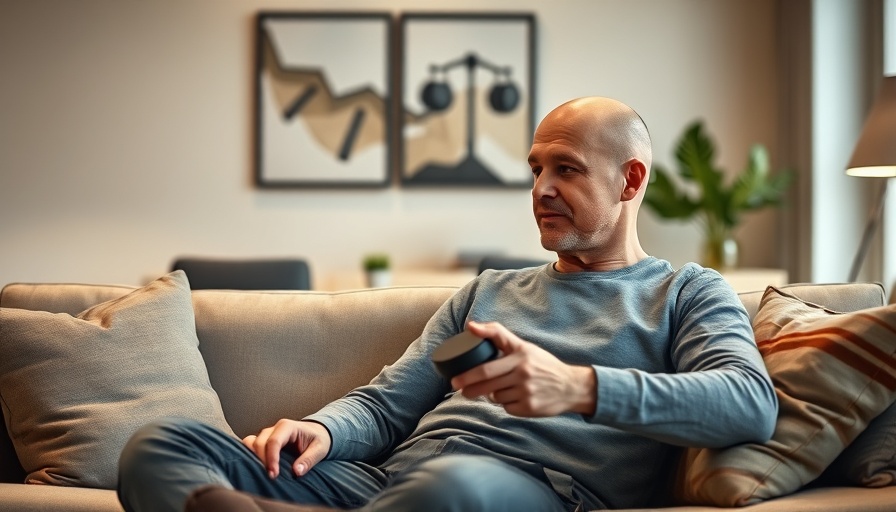 Man conversing with Voice AI in a modern living room setting.