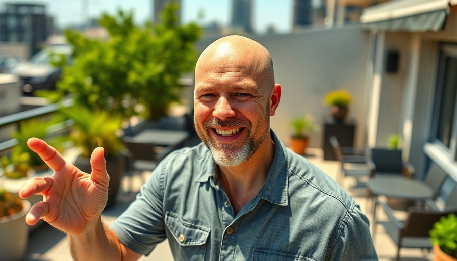 Man smiling on rooftop patio with Sour Patch Kids sign.