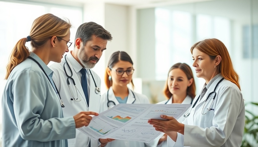 Doctors discussing reports and data at dermatology conference.
