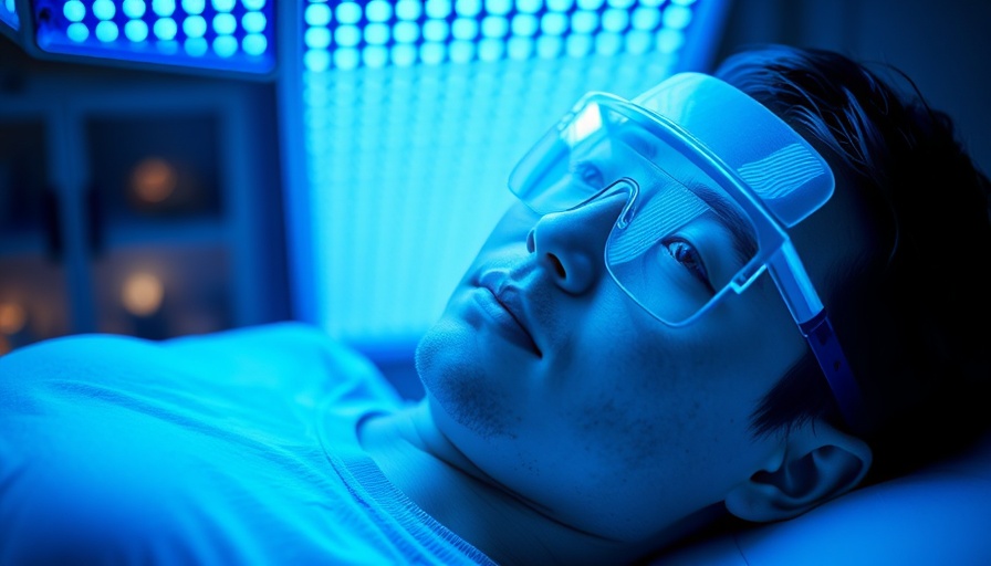 Person receiving LED light therapy with blue light ambiance.