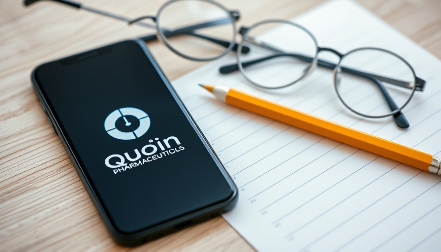 Quoin Pharmaceuticals logo on phone with glasses and pencil.