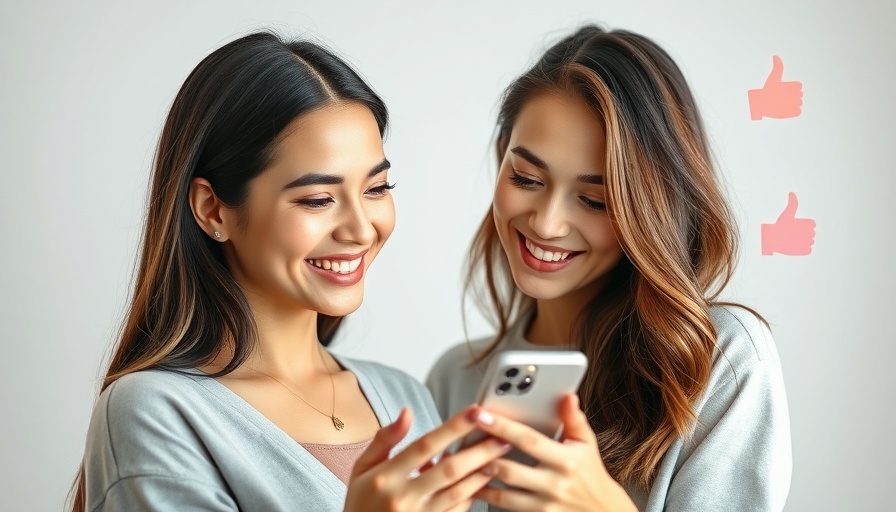 Smiling woman using phone for Instagram captions.