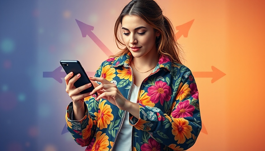 Boost social media posts with woman browsing smartphone, geometric design.
