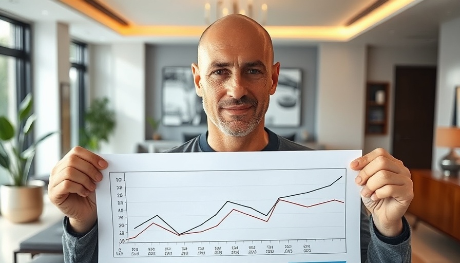 Man presenting chart in modern living room, MedSpa brand loyalty discussion.