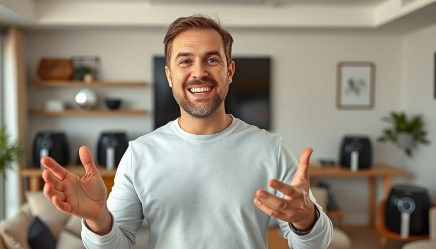 Person explaining air fryers in a modern living room, Search Engines.