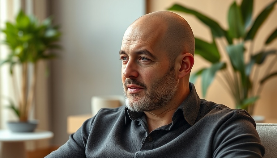 Bald man discussing Instagram update in modern room.