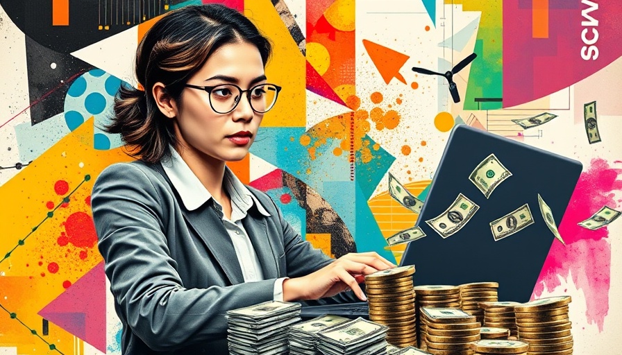 Collage of AI marketing funnel concept: woman with laptop and money artwork.