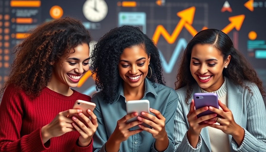 Three women viewing smartphones with upward graph symbols, advertising trends.