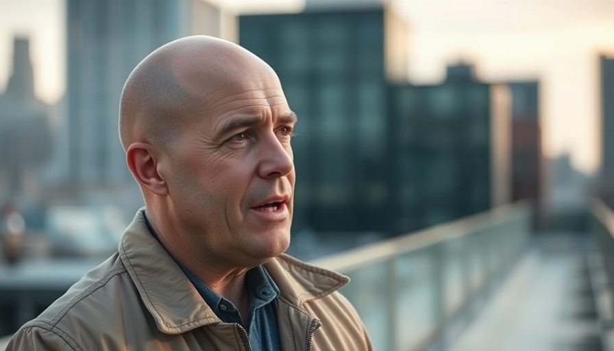 Bald man discussing Meta Ads on a rooftop with blue sky.