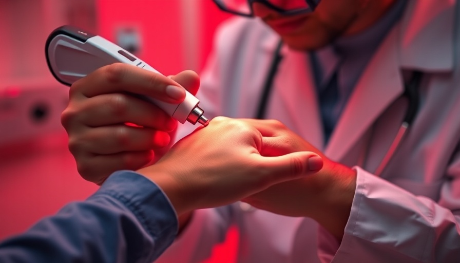 Dermatologist using dermatoscope on a patient's hand, Dermatology Innovations theme.