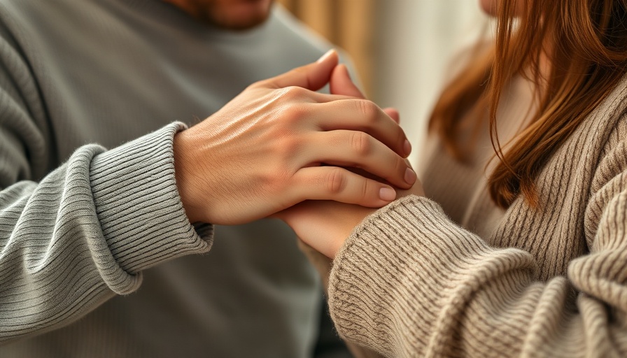 Close-up on comforting gesture highlighting hands, representing dermatology and psychological support.