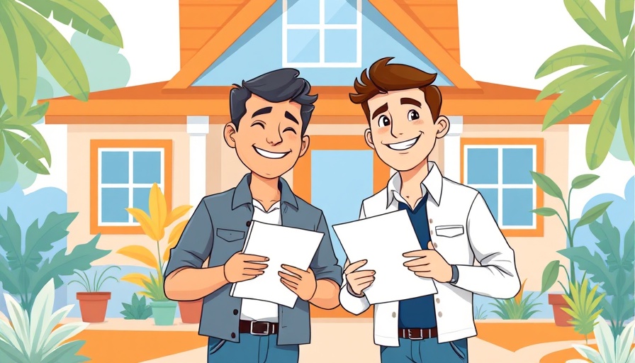Cartoon of two men discussing vacation rental SEO strategies outside a house