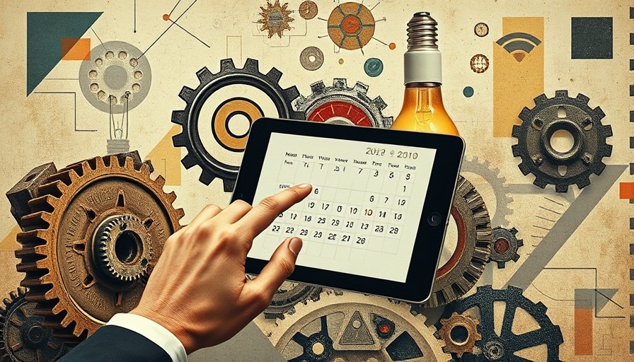 Surreal collage of a hand touching a calendar on a tablet with gears and a lightbulb, symbolizing Social Media Calendar Tools for MedSpas.
