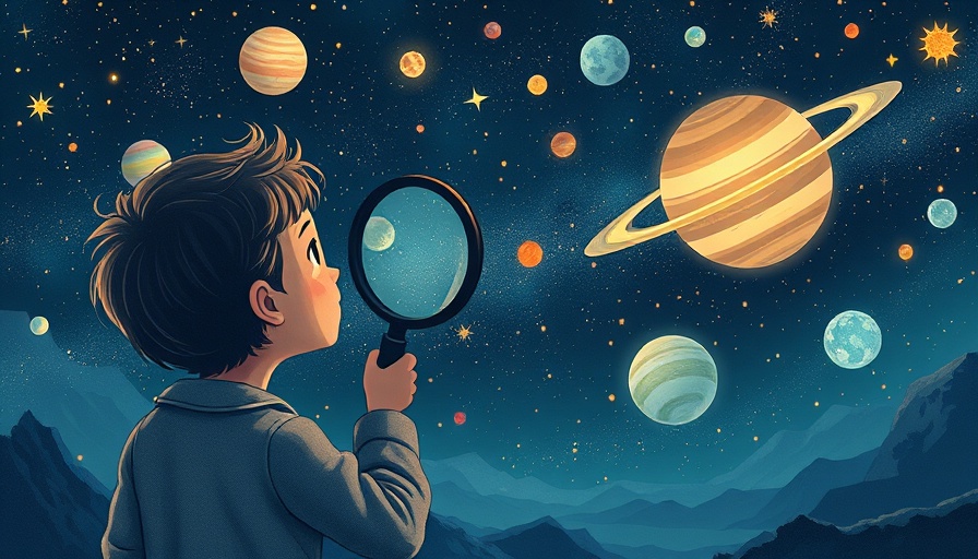 Whimsical illustration of stargazing with a magnifying glass.