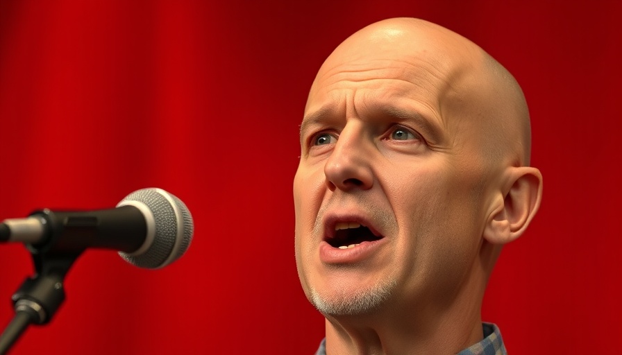 Passionate speaker talking against a red background on early retirement.