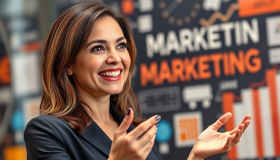 Smiling woman in marketing themed image about goal-oriented approach to data.