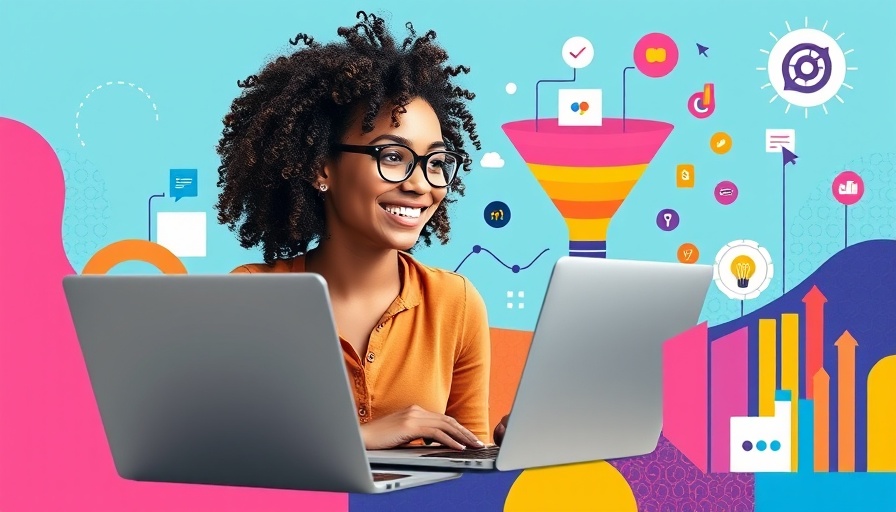 Colorful graphic of B2B marketing funnel for MedSpas with woman and laptop.