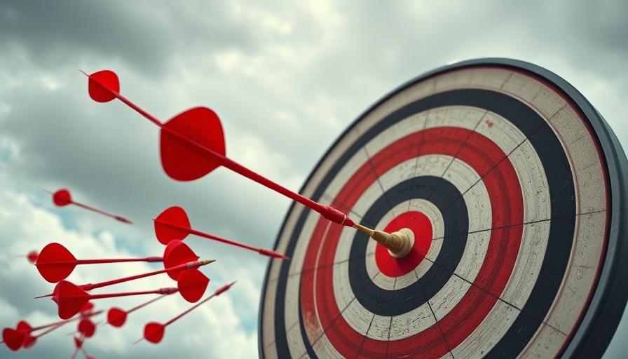 Targeted strategy illustration with red darts and targets in a cloudy sky.