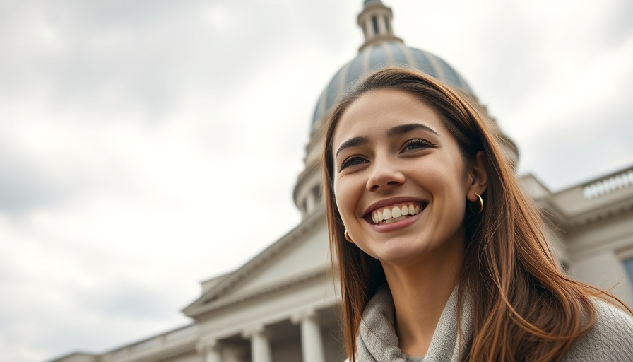 Cheerful young woman smiling by a government building