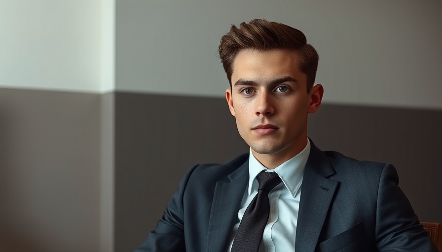 Young man in a suit seated with a neutral expression indoors.