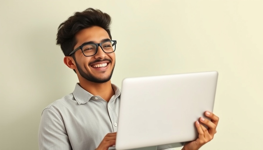 Cheerful man holding laptop for social media competitor analysis.