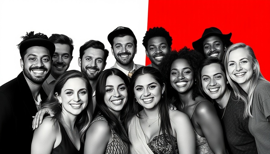 Creative marketing group photo with artistic design elements.