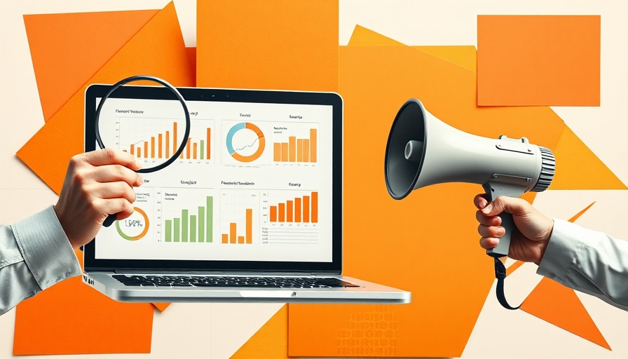 Marketing audit tools including laptop, magnifying glass, and megaphone.