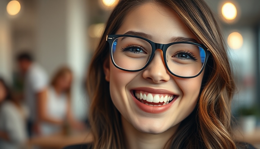 Young woman smiling warmly with glasses, close-up view.
