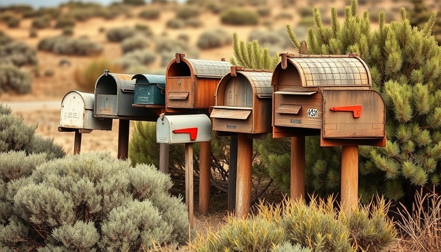 Collection of rustic mailboxes in a rural setting, reflecting a peaceful atmosphere.