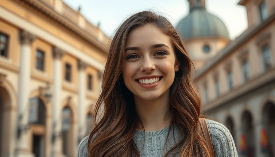 Young woman smiling with joy outside iconic building