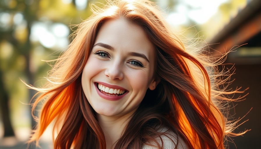Smiling woman with red hair outdoors, warm lighting.