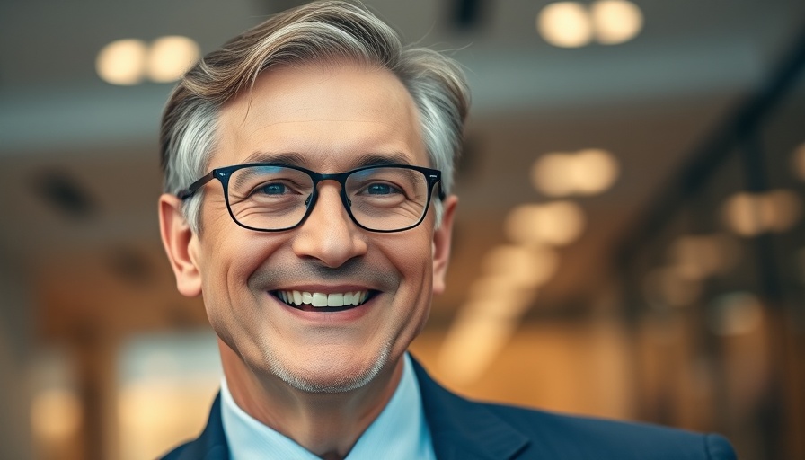 Smiling man in glasses and blue suit, photorealistic image.