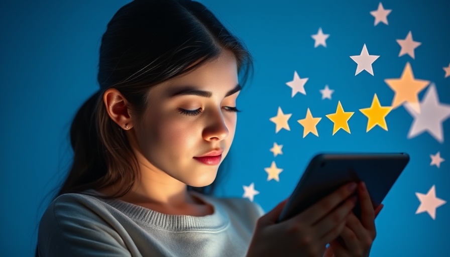 Young woman reviewing digital star ratings on tablet, Consumer Review Trends in MedSpas.