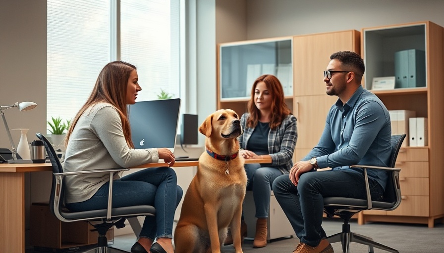 Casual office interaction showing health benefits of human-dog interactions.