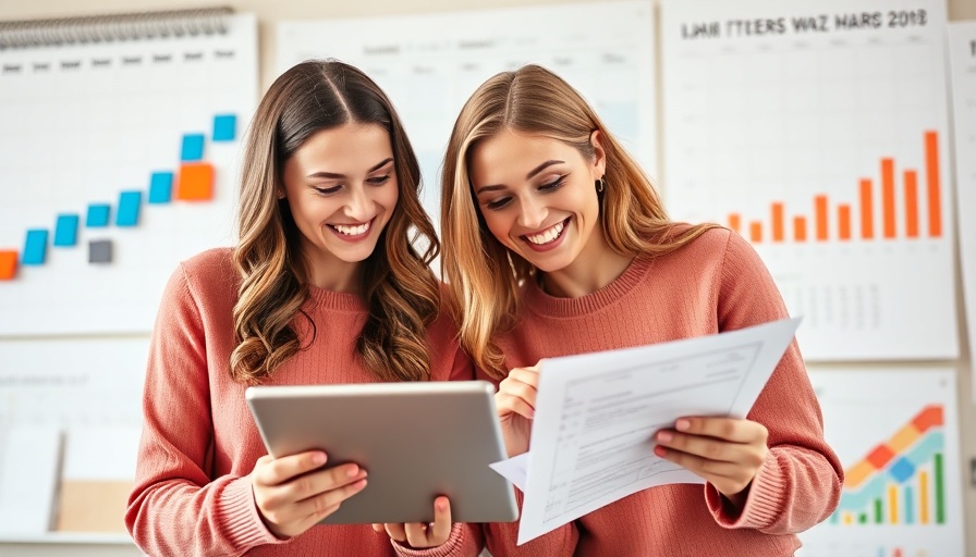 Smiling women using a tablet with planning tools in background.