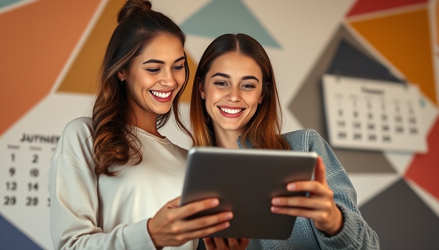 Women using tablet for content planning, abstract geometric background, best content planning software.