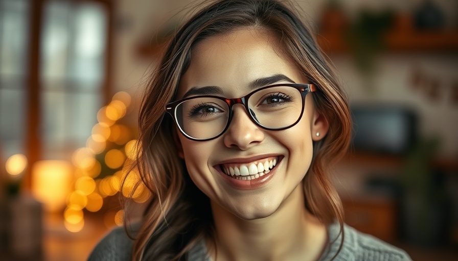 Young woman smiling warmly, indoor cozy setting.