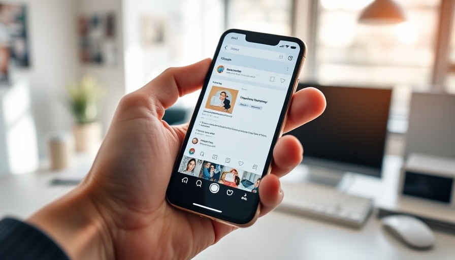 Close-up view of Instagram profile on smartphone screen, modern workspace.