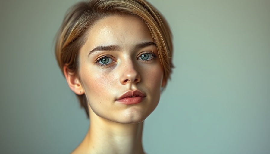 Young woman with short hair and gold earrings, soft lighting.