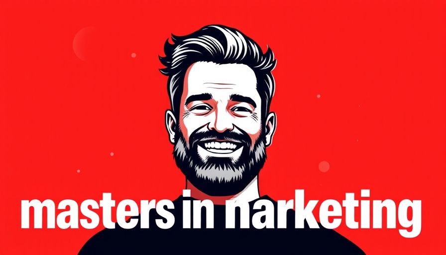 Graphic art of a bearded man, masters in marketing, bold red design