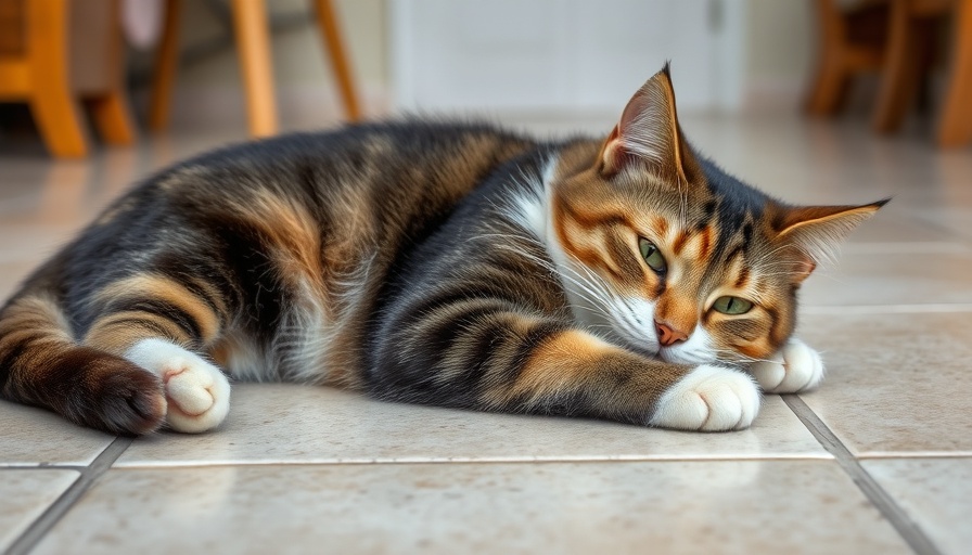 Relaxed cat on the floor related to feline diabetes treatment.