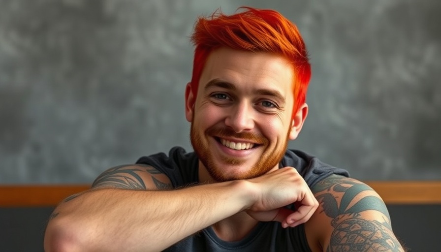 Man smiling with red hair and tattoos, indoors.