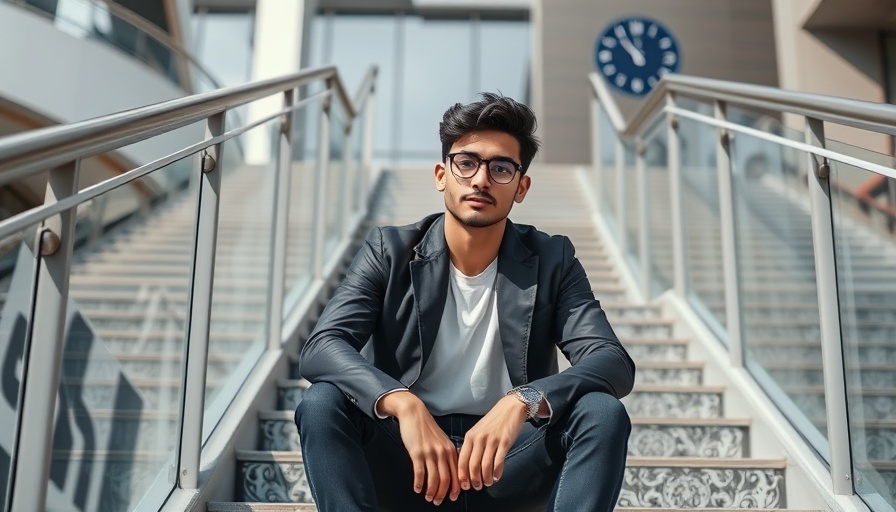 Stylish young man on stairs with clock and calendar icons, best time to post on social media.