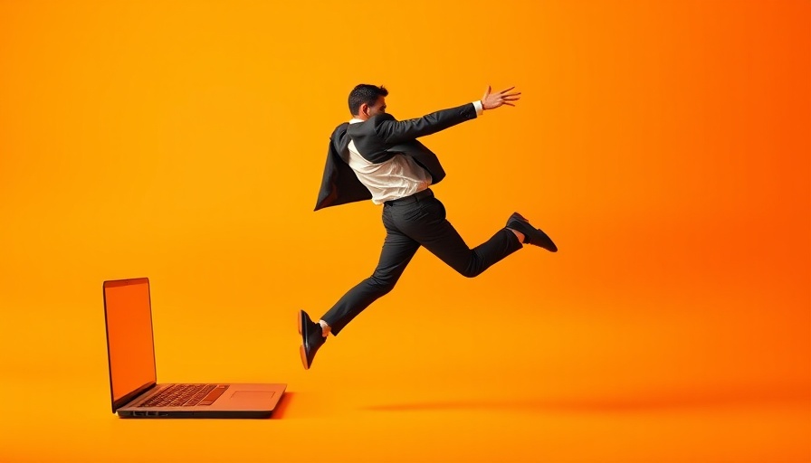Dynamic leap of a businessman towards a giant laptop screen, anchor links.