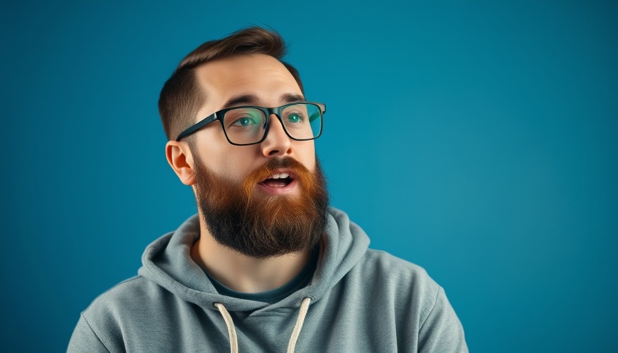 Bearded man discussing, blue backdrop, soft lighting.