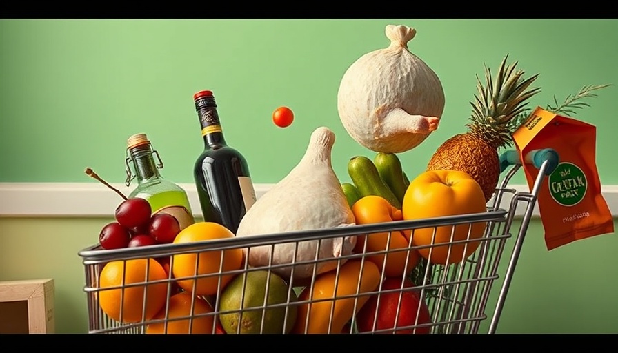 Grocery items floating over shopping cart on green background.