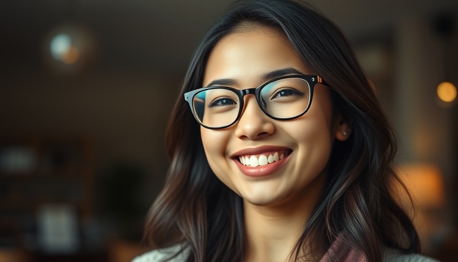Young woman smiling warmly indoors with glasses.
