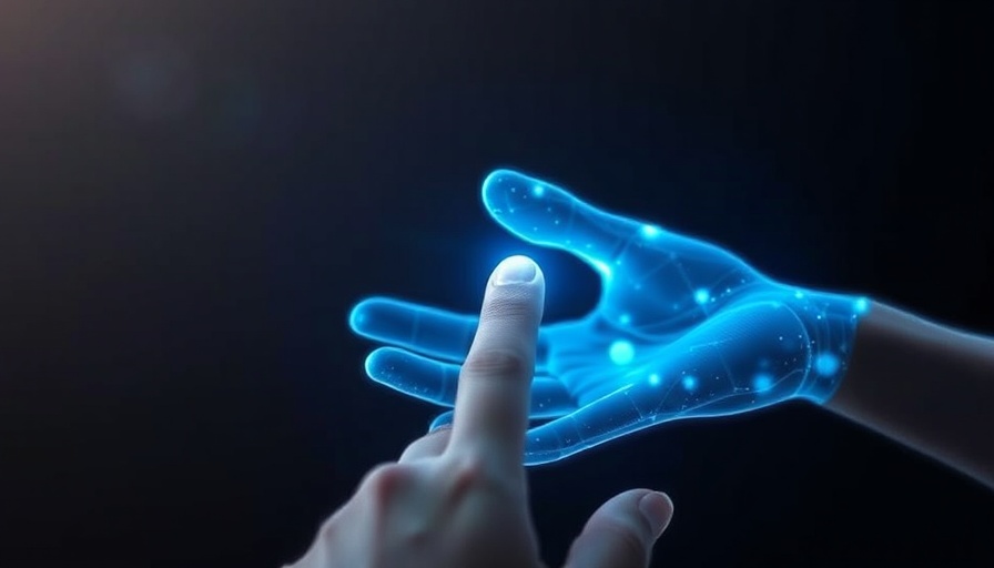 AI in Business Leadership: Digital hand connects with human finger against dark background.