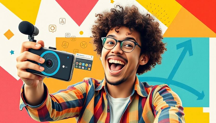 Colorful collage with TikTok influencer recording, vibrant abstract background.