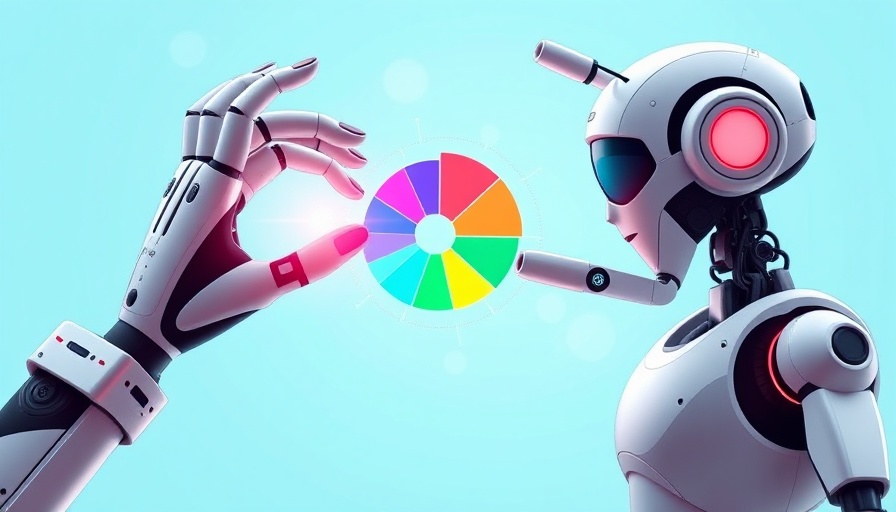 Futuristic illustration of AI in PPC reporting with hands and pie chart.